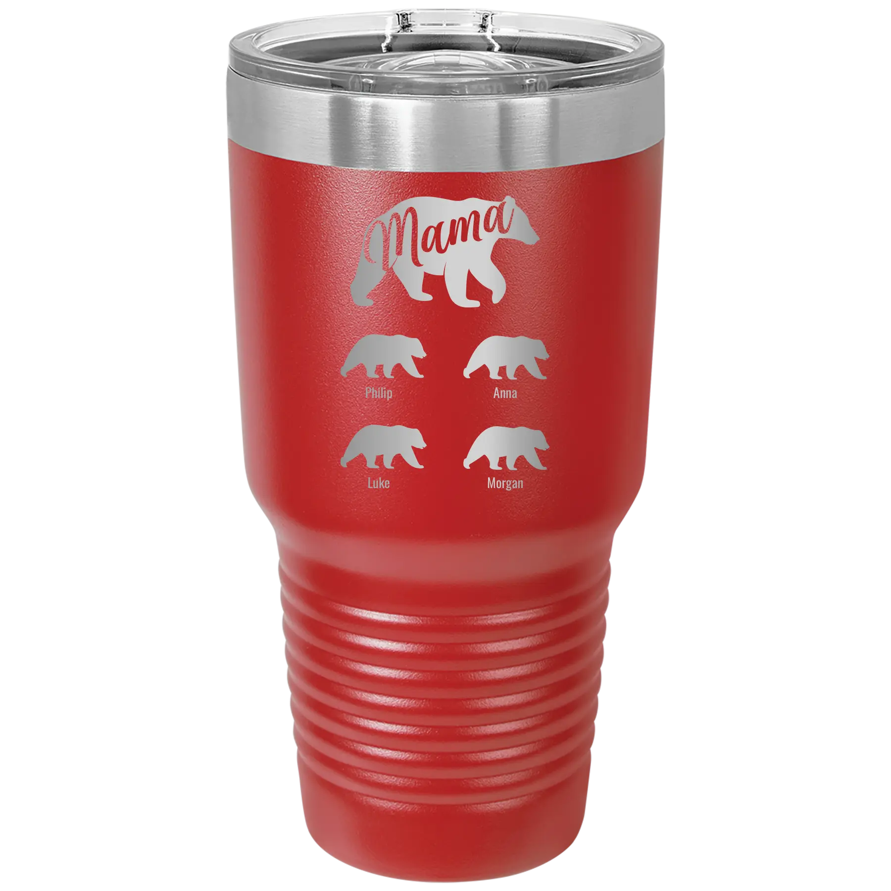 Personalized red 30 oz vacuum insulated tumbler with 'Mama Bear 4 baby bears' design