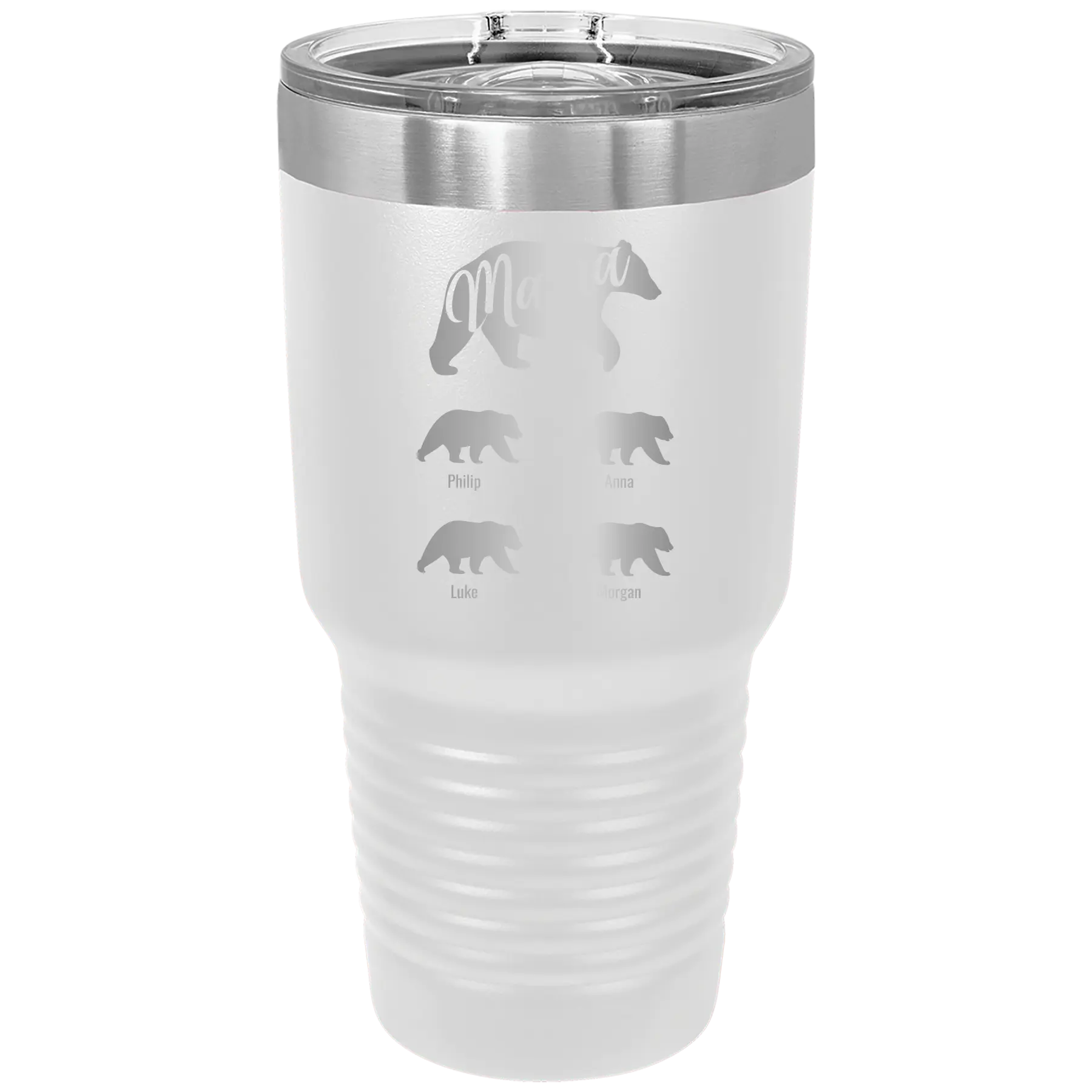 Personalized white 30 oz vacuum insulated tumbler with 'Mama Bear 4 baby bears' design