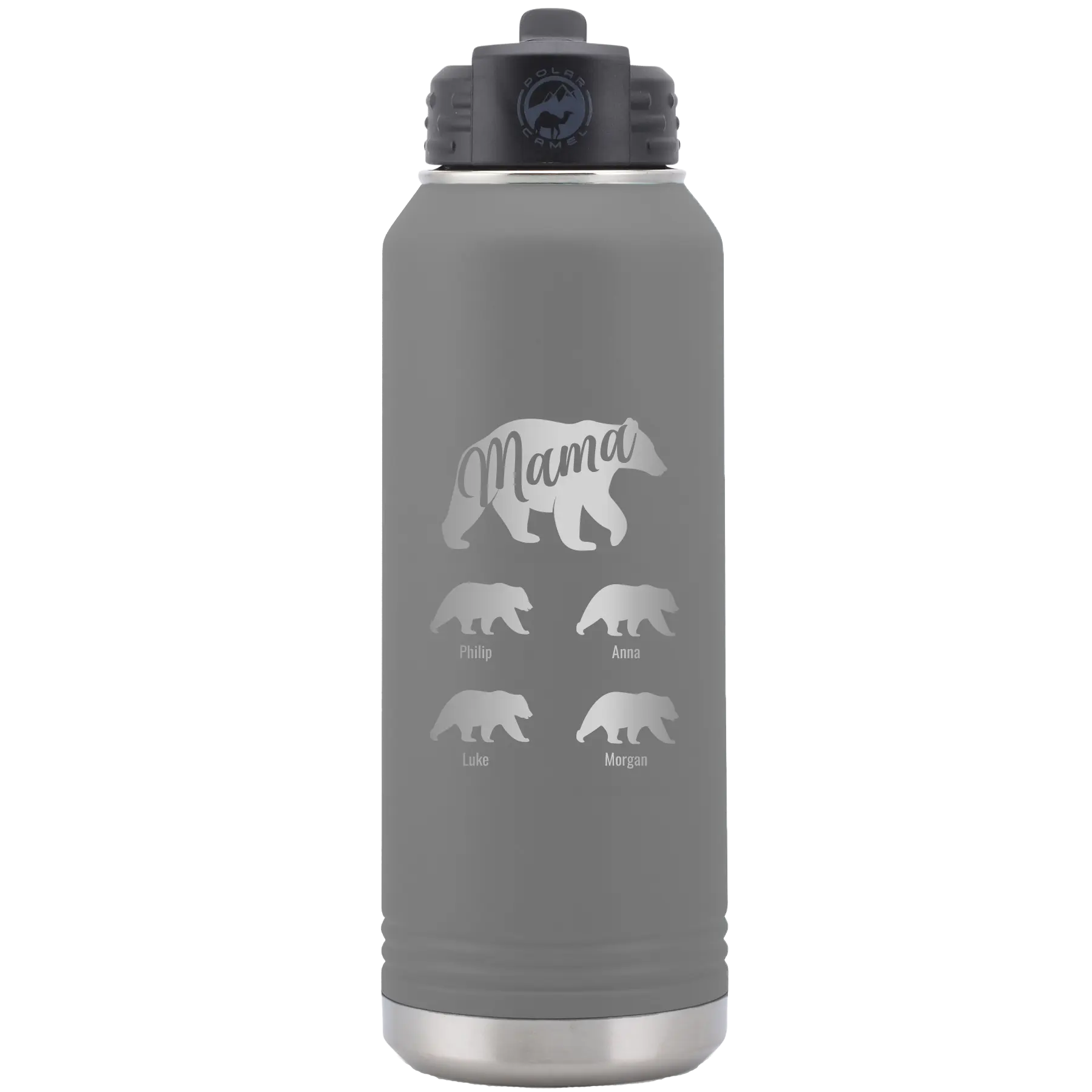 Personalized dark gray 32 oz vacuum insulated water bottle with 'Mama Bear 4 baby bears' design