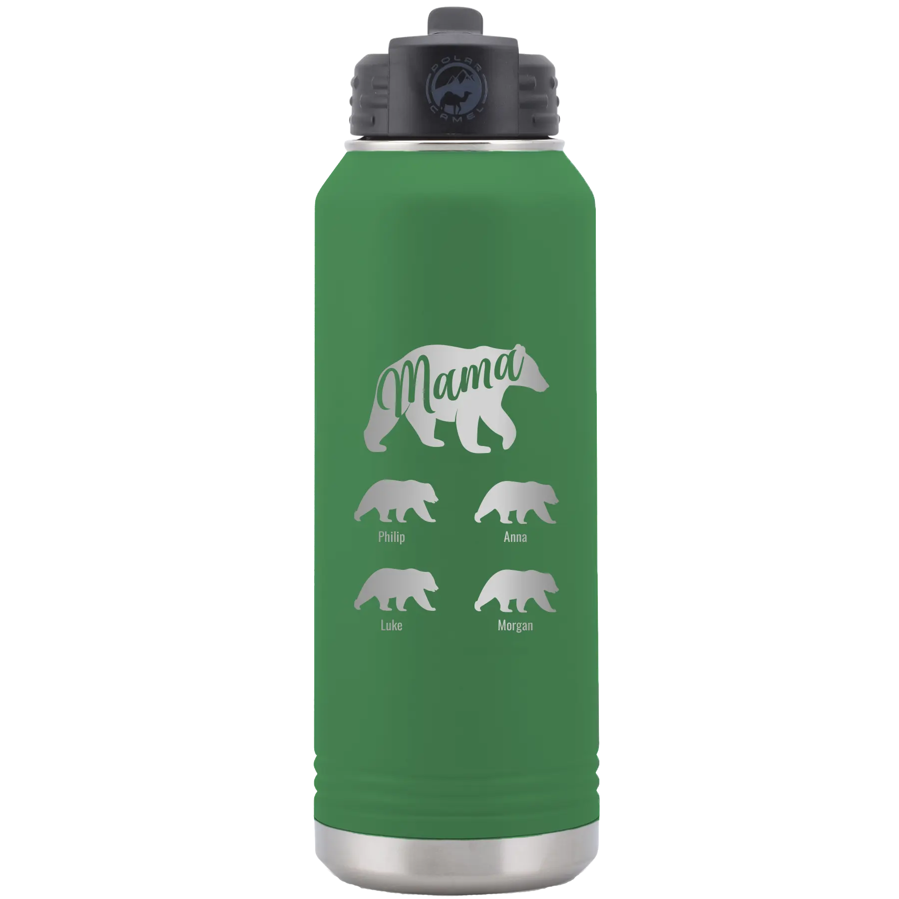 Personalized green 32 oz vacuum insulated water bottle with 'Mama Bear 4 baby bears' design