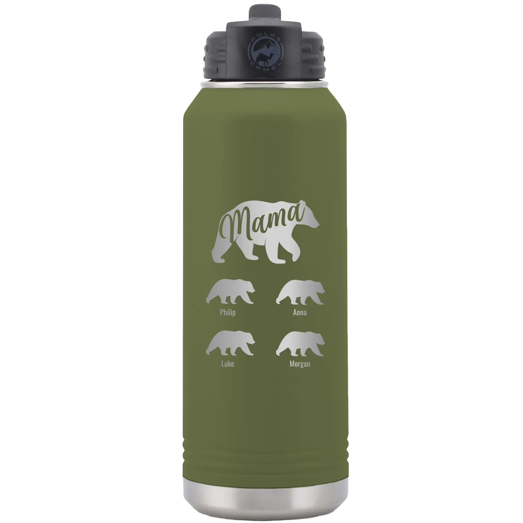 Personalized olive green 32 oz vacuum insulated water bottle with 'Mama Bear 4 baby bears' design