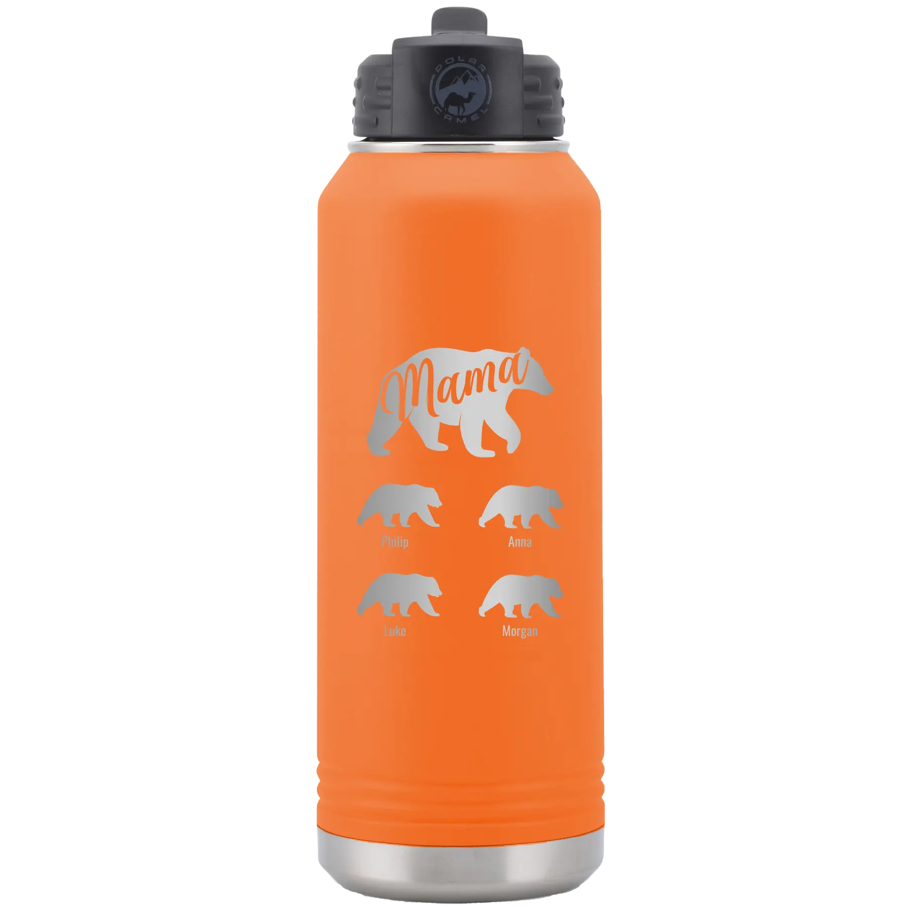 Personalized orange 32 oz vacuum insulated water bottle with 'Mama Bear 4 baby bears' design