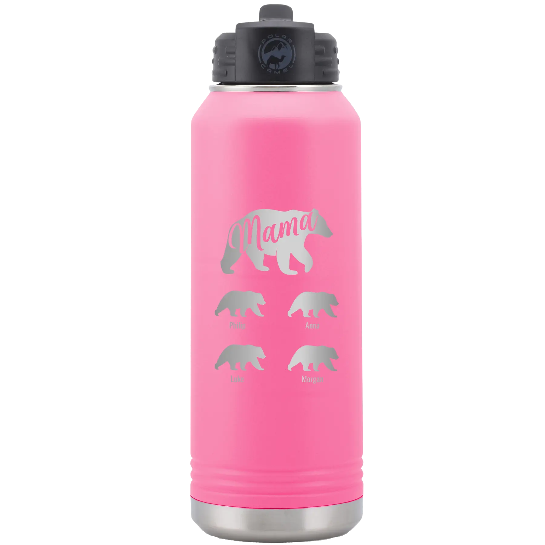 Personalized pink 32 oz vacuum insulated water bottle with 'Mama Bear 4 baby bears' design