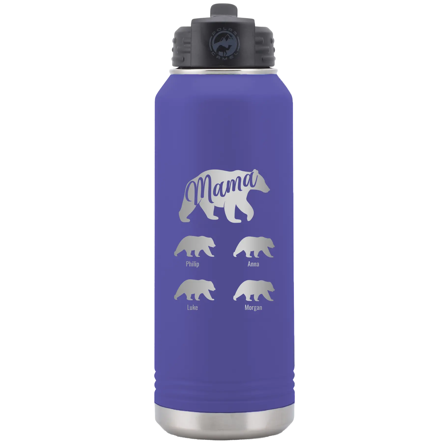 Personalized purple 32 oz vacuum insulated water bottle with 'Mama Bear 4 baby bears' design