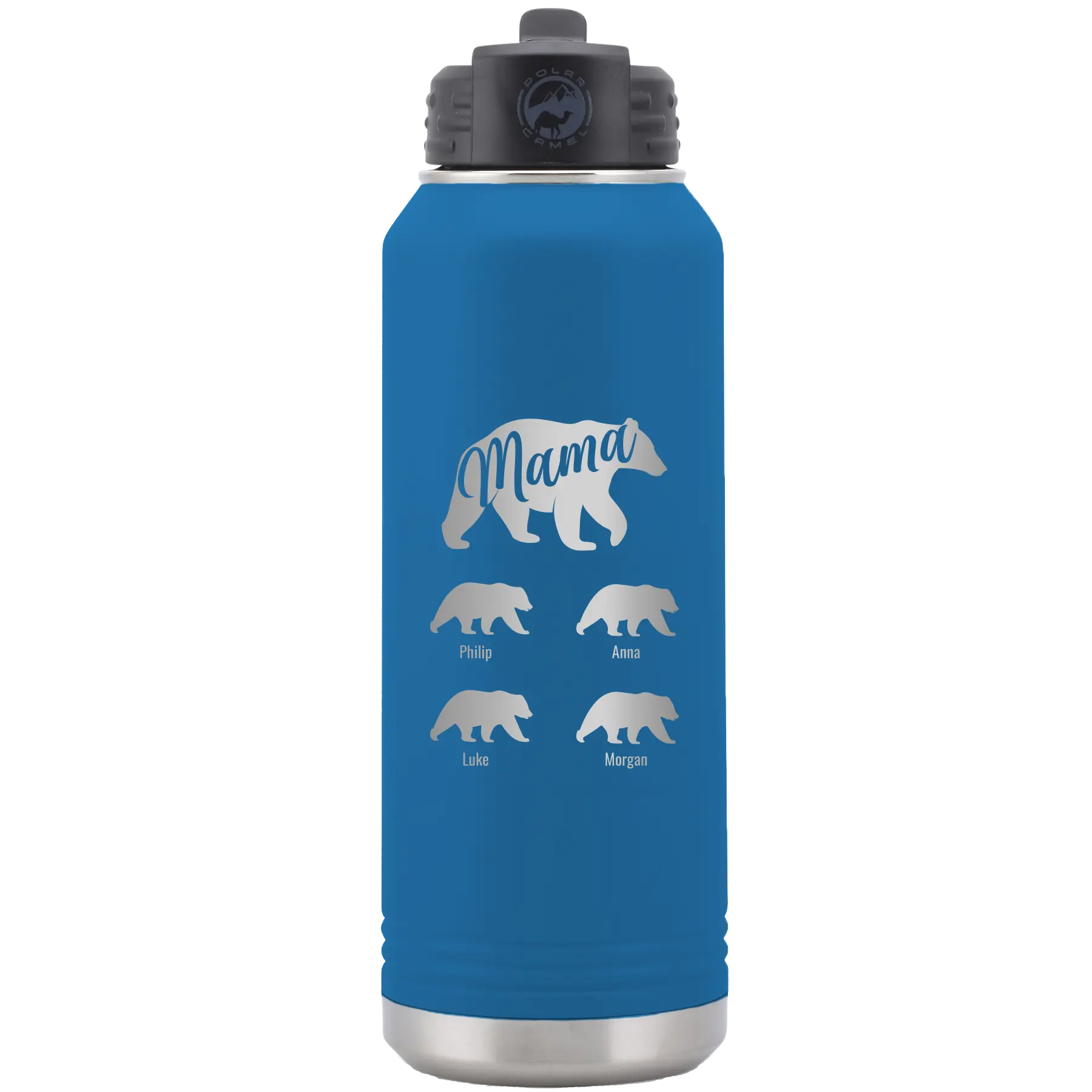 Personalized royal blue 32 oz vacuum insulated water bottle with 'Mama Bear 4 baby bears' design