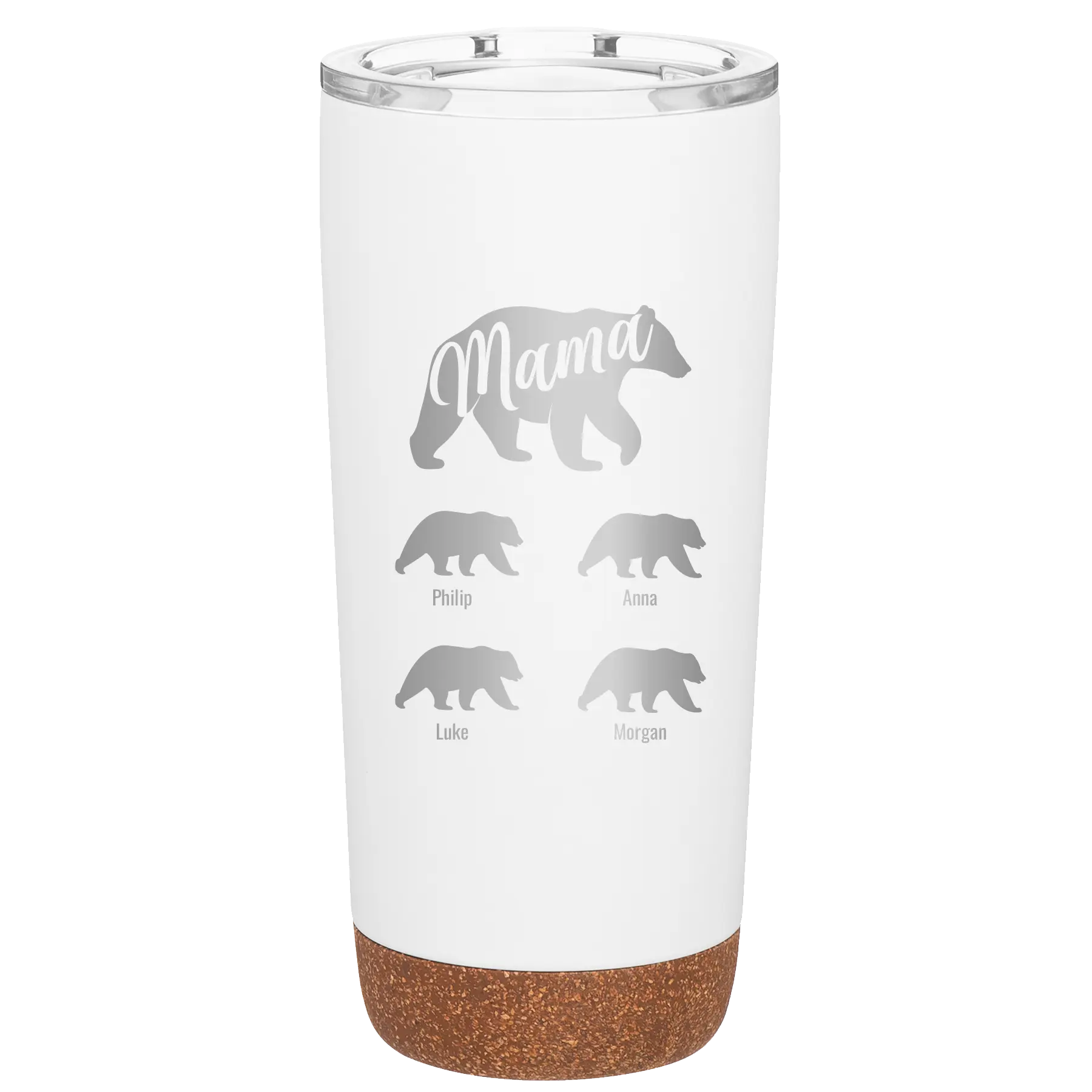 Personalized white 20 oz vacuum insulated tumbler with 'Mama Bear 4 baby bears' design