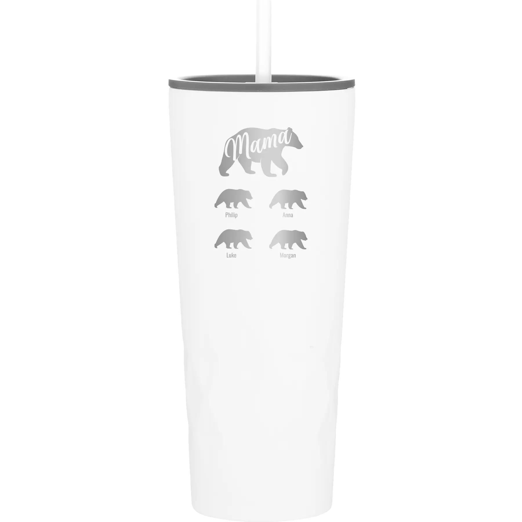 Personalized white 20 oz vacuum insulated tumbler with 'Mama Bear 4 baby bears' design