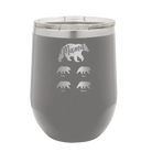 Personalized dark gray 12 oz vacuum insulated wine cup with 'Mama Bear 4 baby bears' design