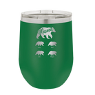 Personalized green 12 oz vacuum insulated wine cup with 'Mama Bear 4 baby bears' design