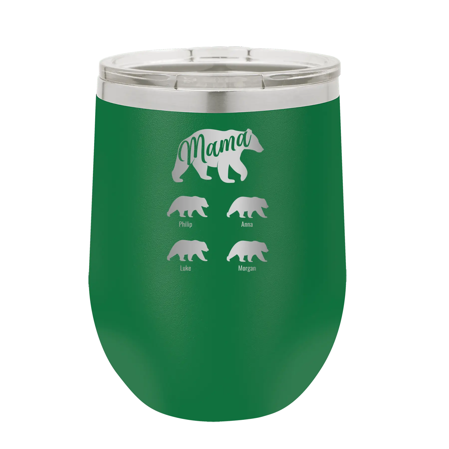 Personalized green 12 oz vacuum insulated wine cup with 'Mama Bear 4 baby bears' design