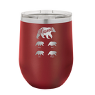 Personalized maroon 12 oz vacuum insulated wine cup with 'Mama Bear 4 baby bears' design
