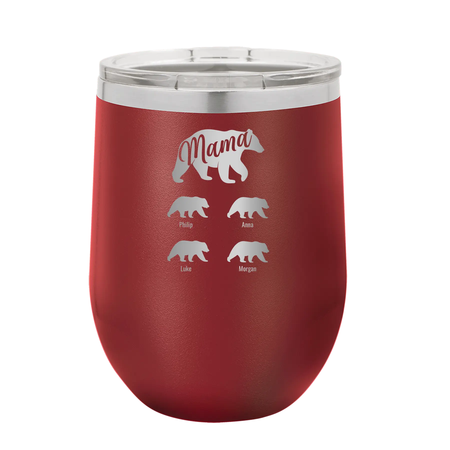 Personalized maroon 12 oz vacuum insulated wine cup with 'Mama Bear 4 baby bears' design