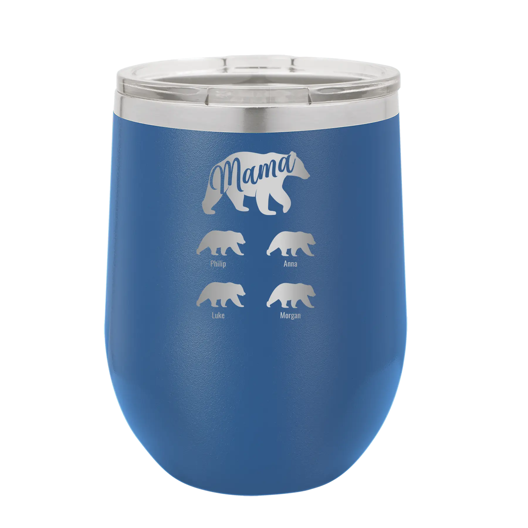Personalized royal blue 12 oz vacuum insulated wine cup with 'Mama Bear 4 baby bears' design