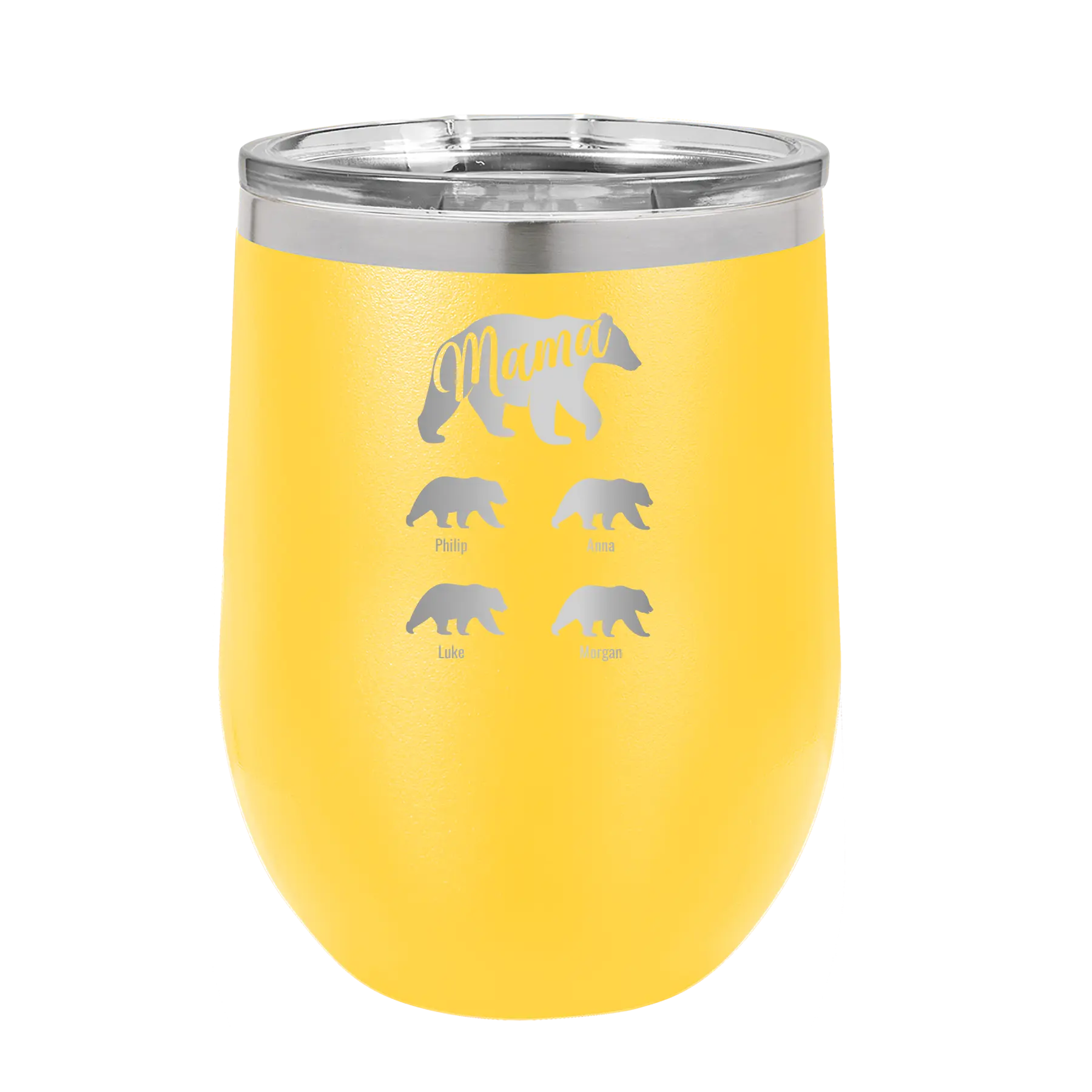 Personalized yellow 12 oz vacuum insulated wine cup with 'Mama Bear 4 baby bears' design