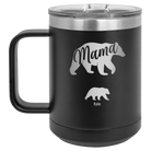 Personalized black 15 oz vacuum insulated coffee mug with 'Mama Bear 1 Baby Bear' design