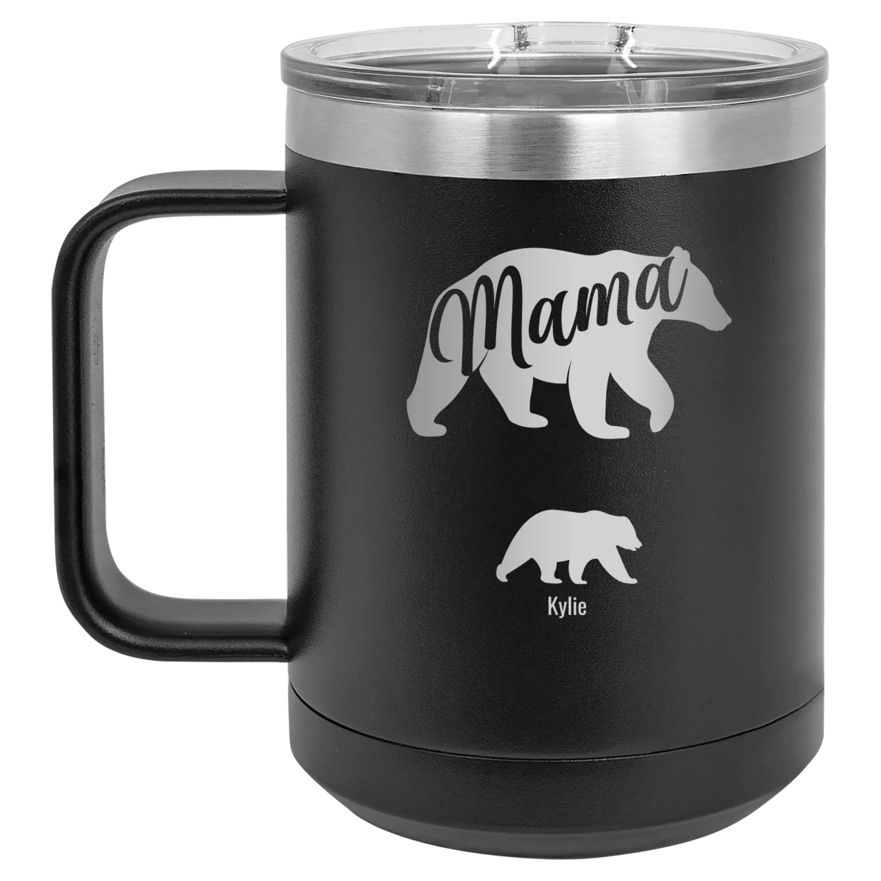 Personalized black 15 oz vacuum insulated coffee mug with 'Mama Bear 1 Baby Bear' design