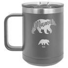 Personalized dark gray 15 oz vacuum insulated coffee mug with 'Mama Bear 1 Baby Bear' design