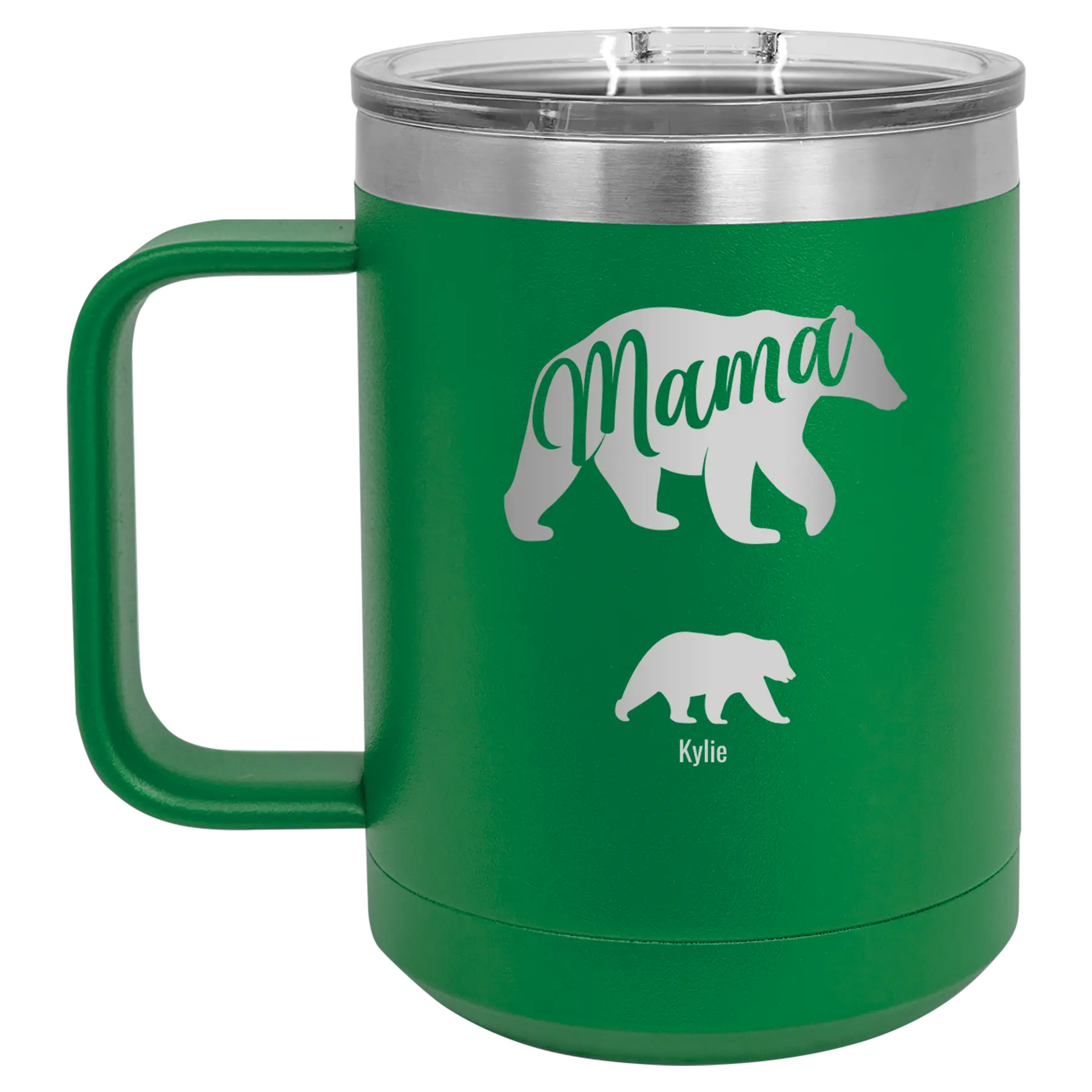 Personalized green 15 oz vacuum insulated coffee mug with 'Mama Bear 1 Baby Bear' design