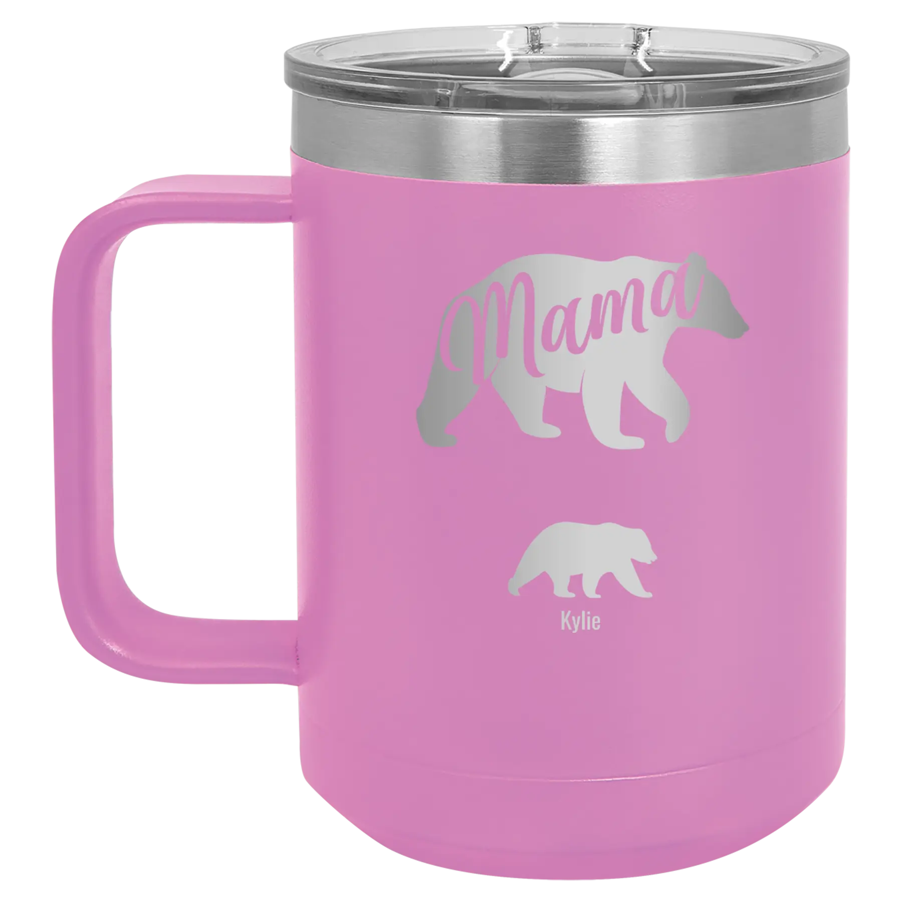 Personalized light purple 15 oz vacuum insulated coffee mug with 'Mama Bear 1 Baby Bear' design
