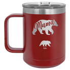 Personalized maroon 15 oz vacuum insulated coffee mug with 'Mama Bear 1 Baby Bear' design