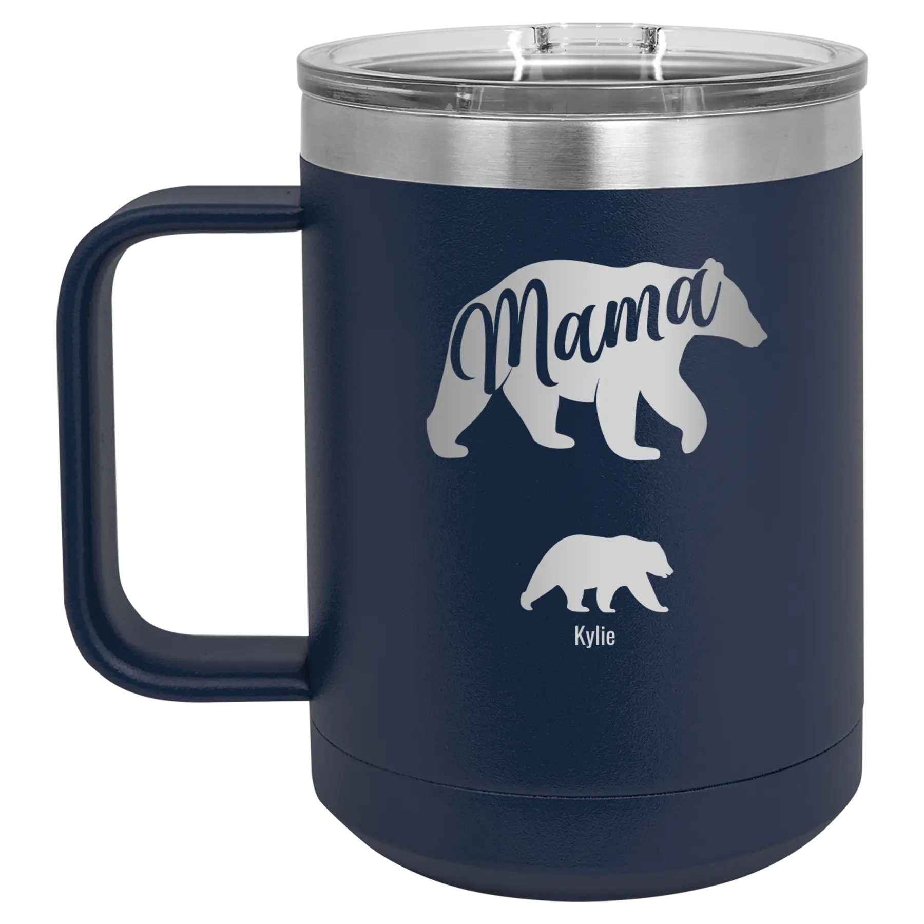 Personalized navy 15 oz vacuum insulated coffee mug with 'Mama Bear 1 Baby Bear' design