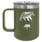 Personalized olive green 15 oz vacuum insulated coffee mug with 'Mama Bear 1 Baby Bear' design
