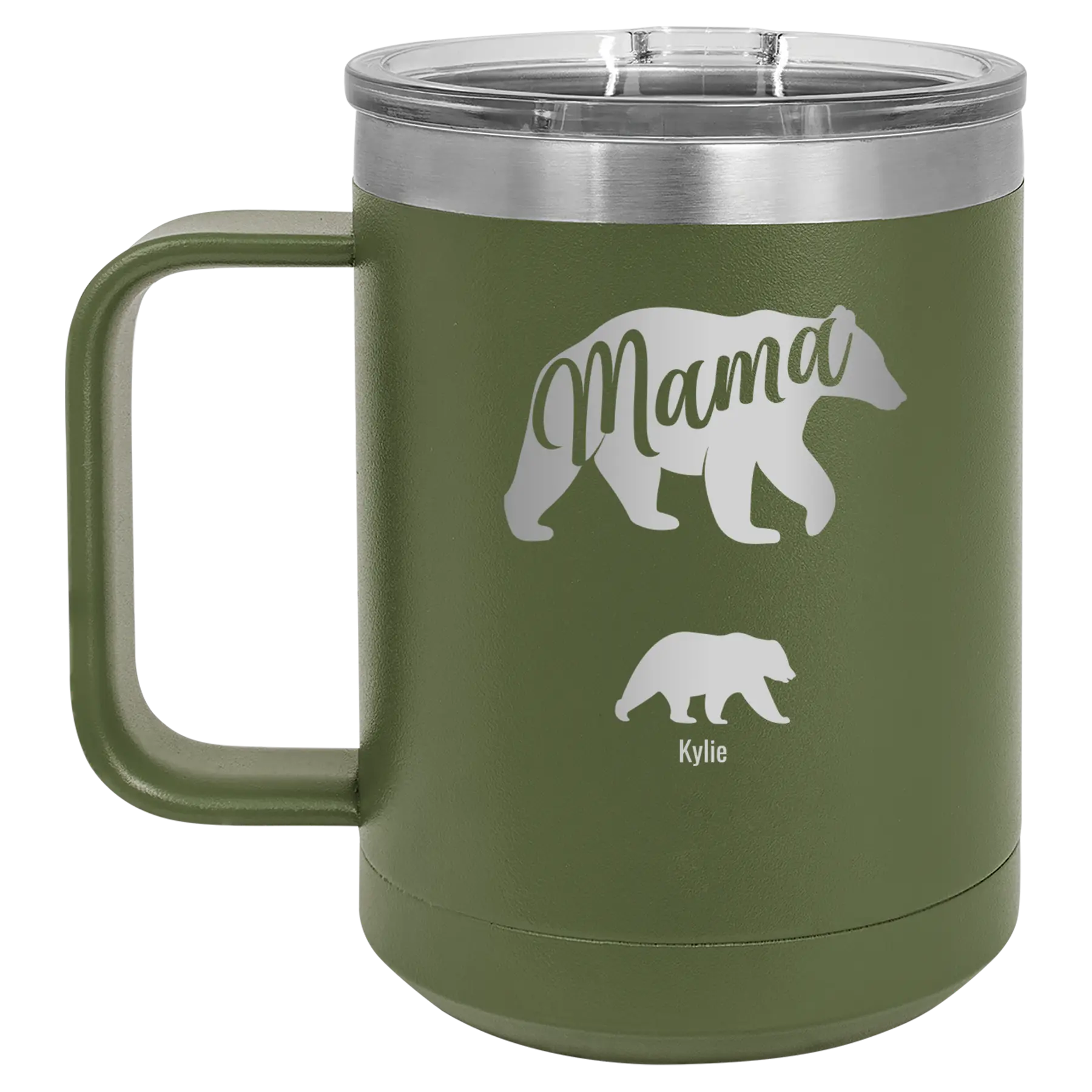 Personalized olive green 15 oz vacuum insulated coffee mug with 'Mama Bear 1 Baby Bear' design