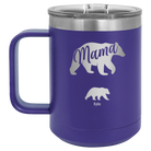 Personalized purple 15 oz vacuum insulated coffee mug with 'Mama Bear 1 Baby Bear' design