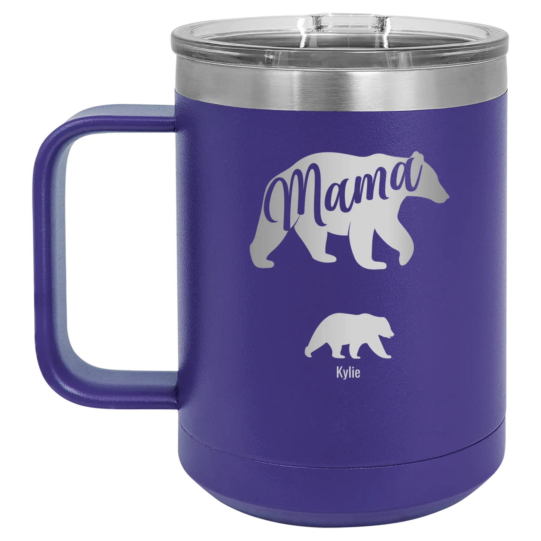 Personalized purple 15 oz vacuum insulated coffee mug with 'Mama Bear 1 Baby Bear' design