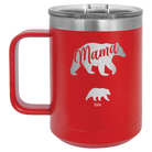Personalized red 15 oz vacuum insulated coffee mug with 'Mama Bear 1 Baby Bear' design