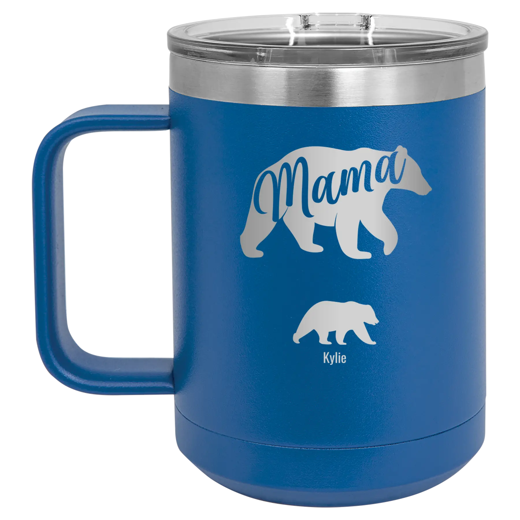 Personalized royal blue 15 oz vacuum insulated coffee mug with 'Mama Bear 1 Baby Bear' design