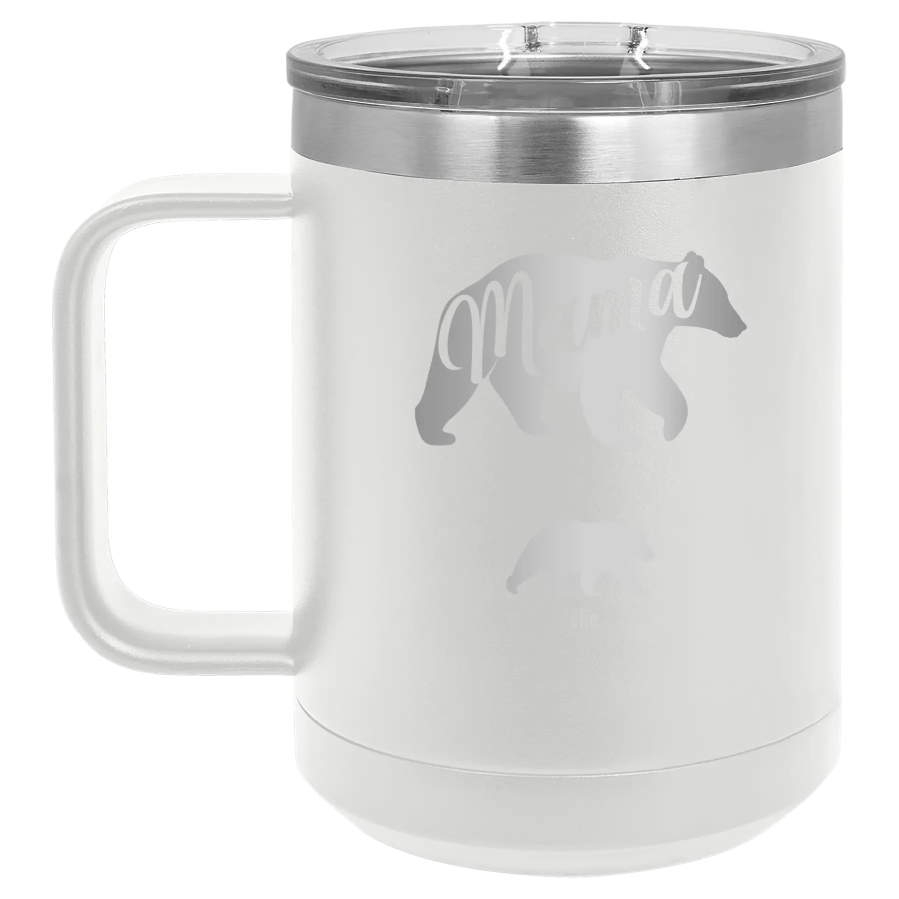 Personalized white 15 oz vacuum insulated coffee mug with 'Mama Bear 1 Baby Bear' design