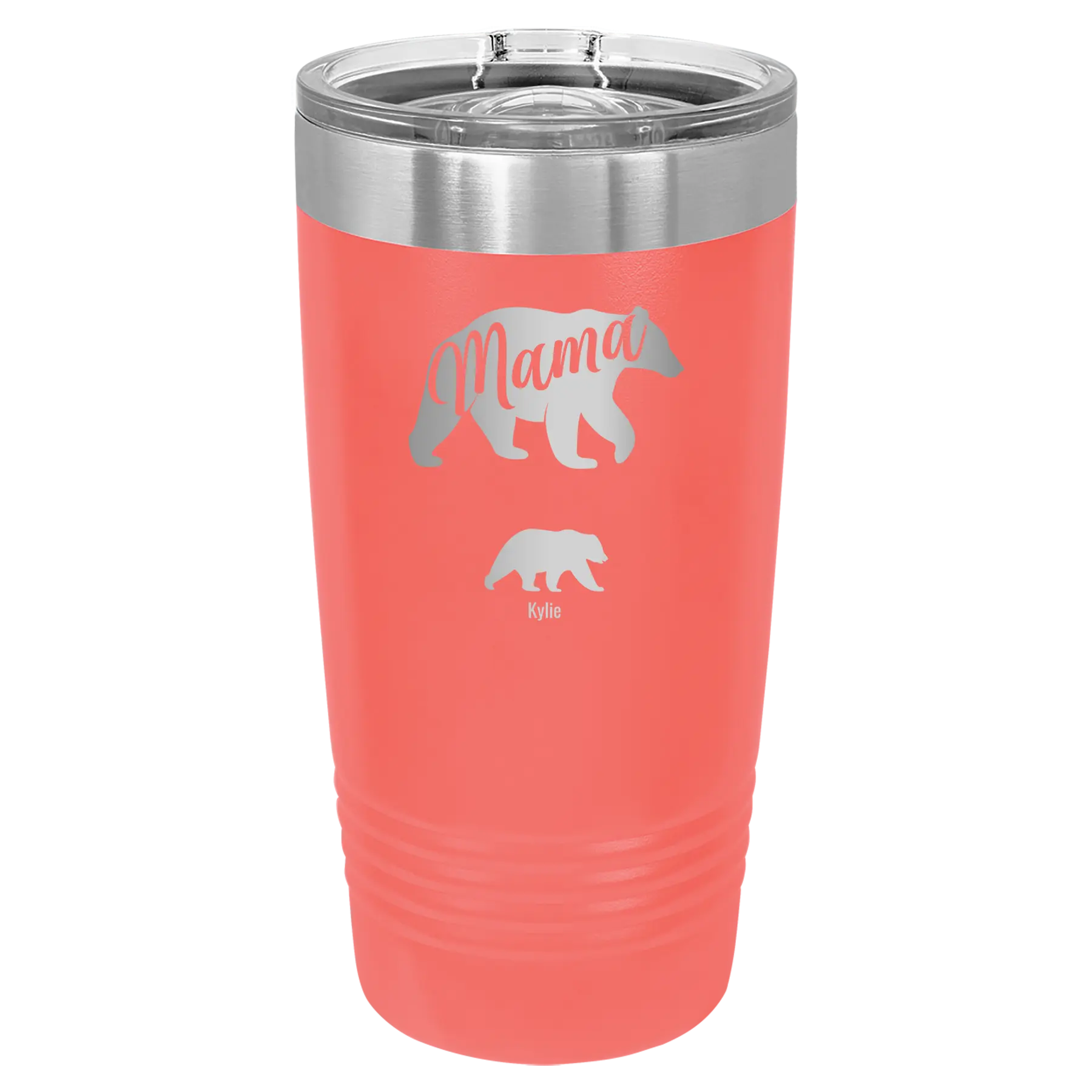 Personalized coral 20 oz vacuum insulated tumbler with 'Mama Bear 1 Baby Bear' design