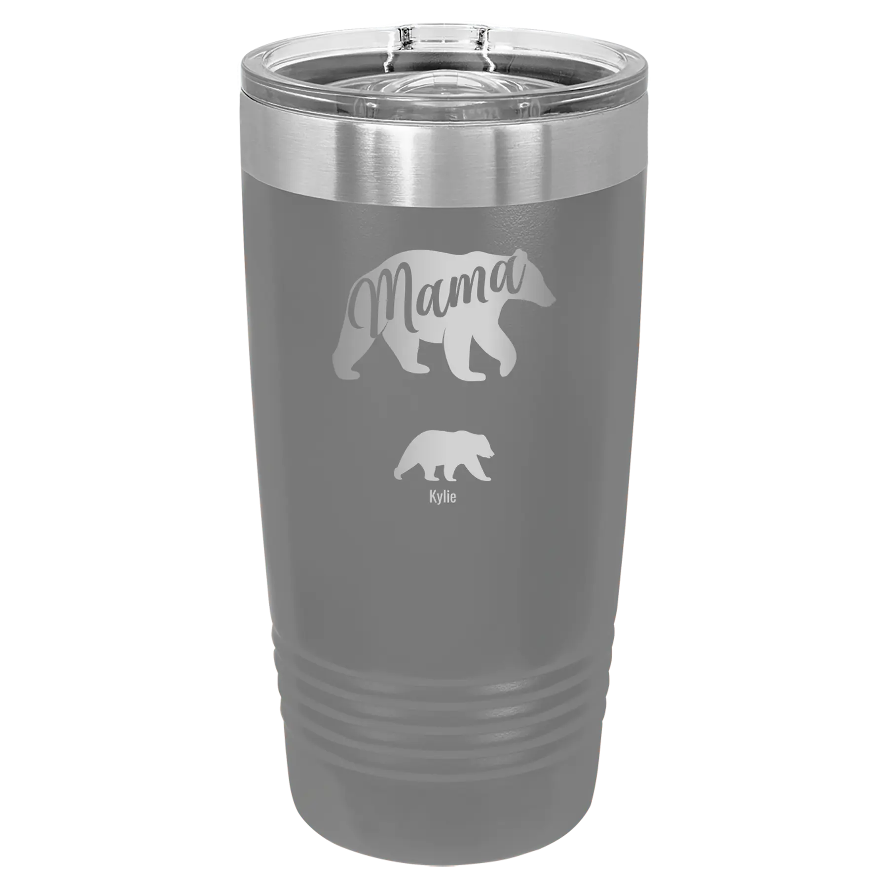 Personalized dark gray 20 oz vacuum insulated tumbler with 'Mama Bear 1 Baby Bear' design
