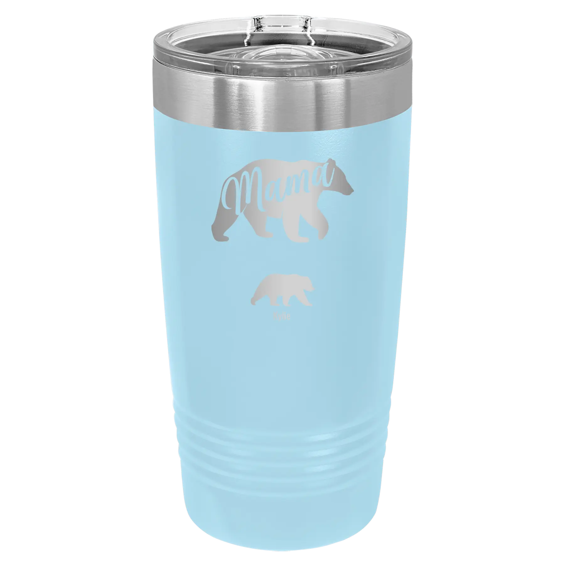Personalized light blue 20 oz vacuum insulated tumbler with 'Mama Bear 1 Baby Bear' design