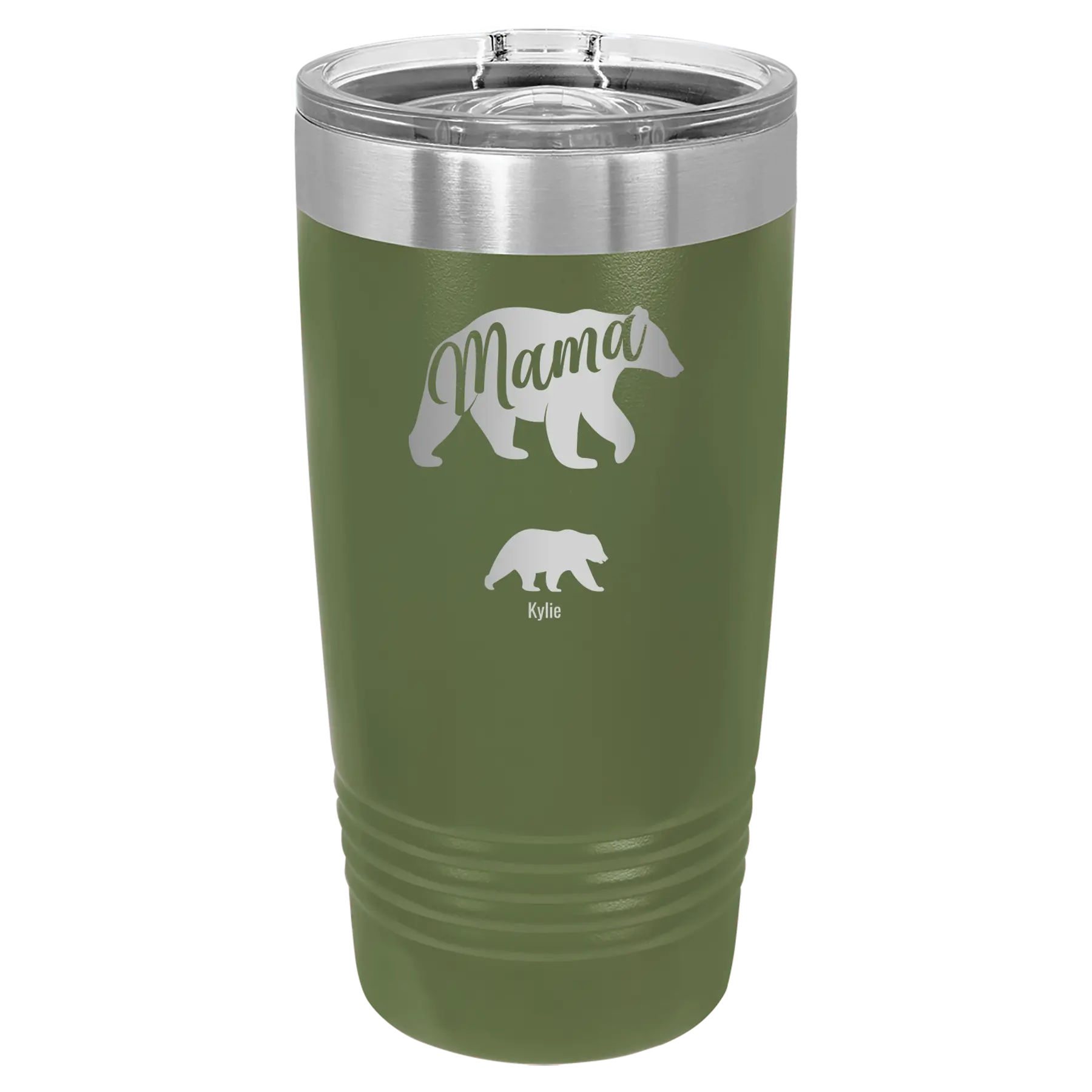 Personalized olive green 20 oz vacuum insulated tumbler with 'Mama Bear 1 Baby Bear' design