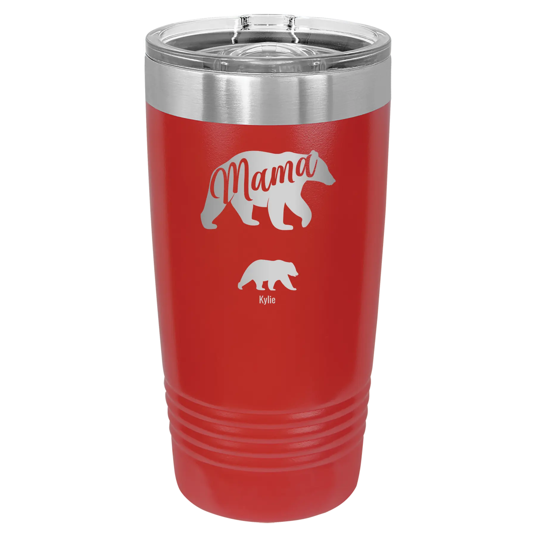 Personalized red 20 oz vacuum insulated tumbler with 'Mama Bear 1 Baby Bear' design
