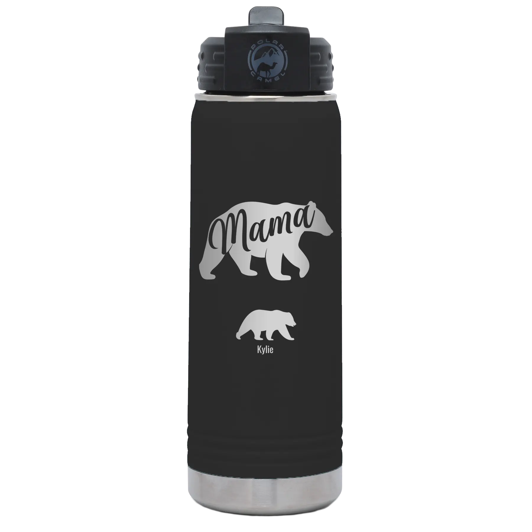 Personalized black 20 oz vacuum insulated water bottle with 'Mama Bear 1 Baby Bear' design