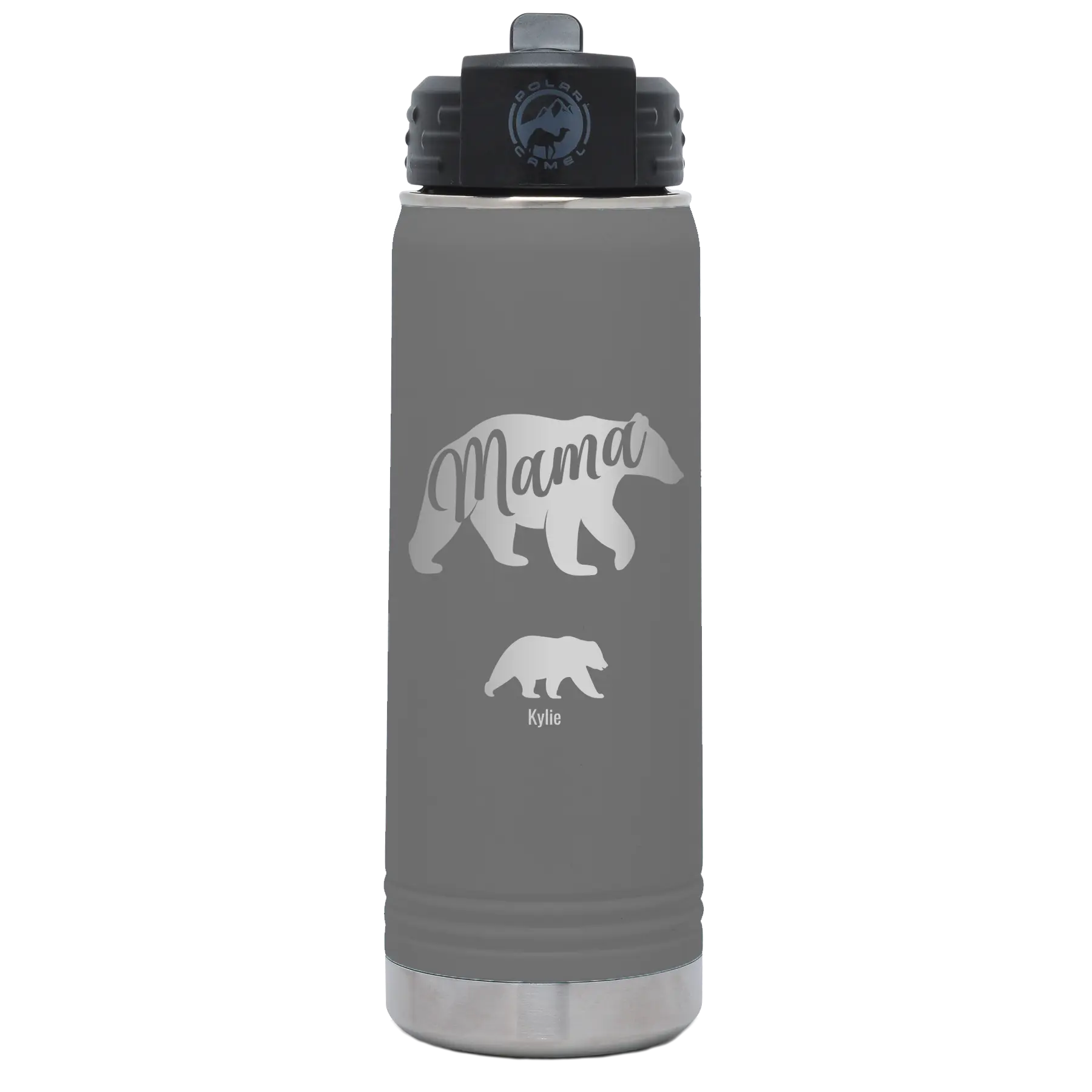 Personalized dark gray 20 oz vacuum insulated water bottle with 'Mama Bear 1 Baby Bear' design