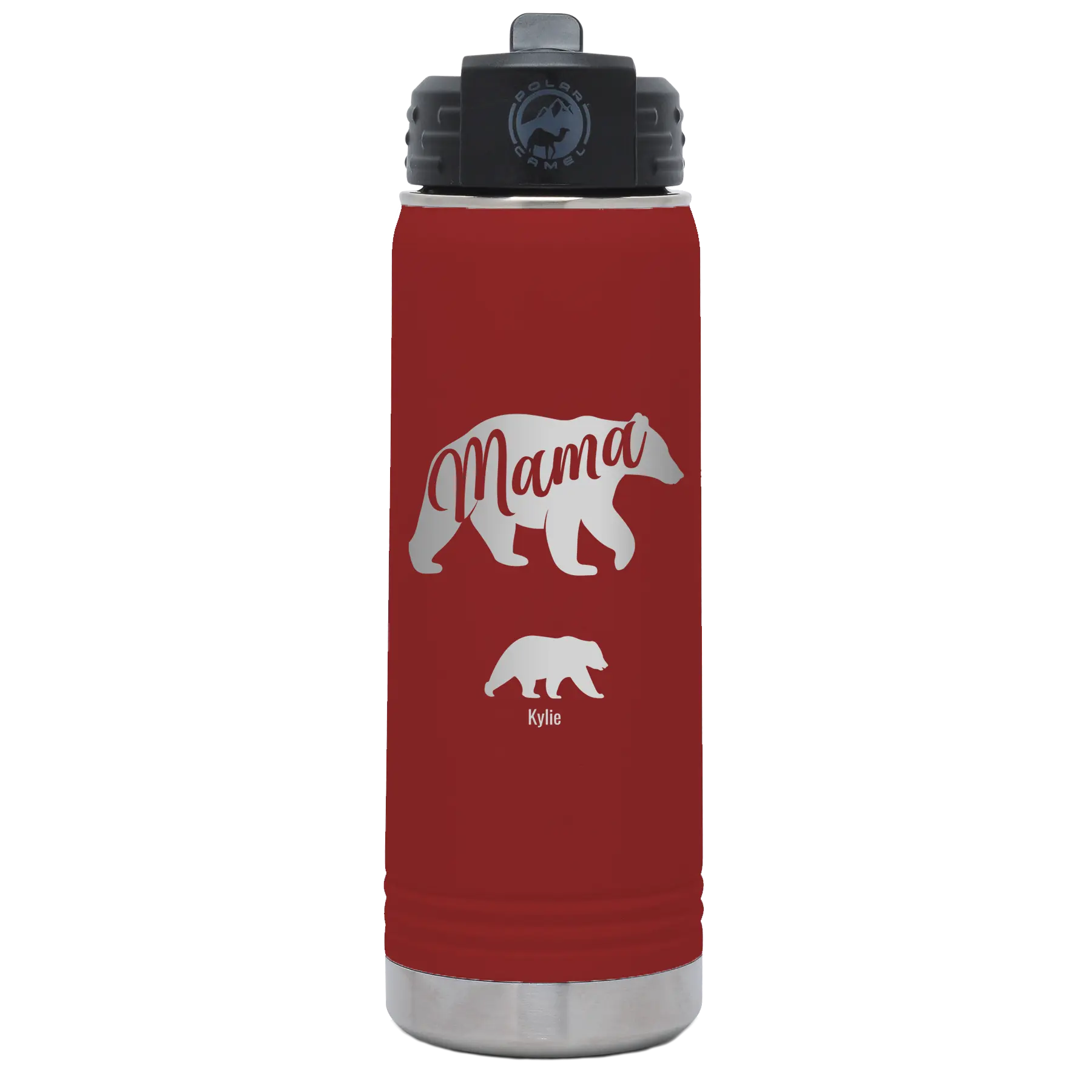 Personalized maroon 20 oz vacuum insulated water bottle with 'Mama Bear 1 Baby Bear' design