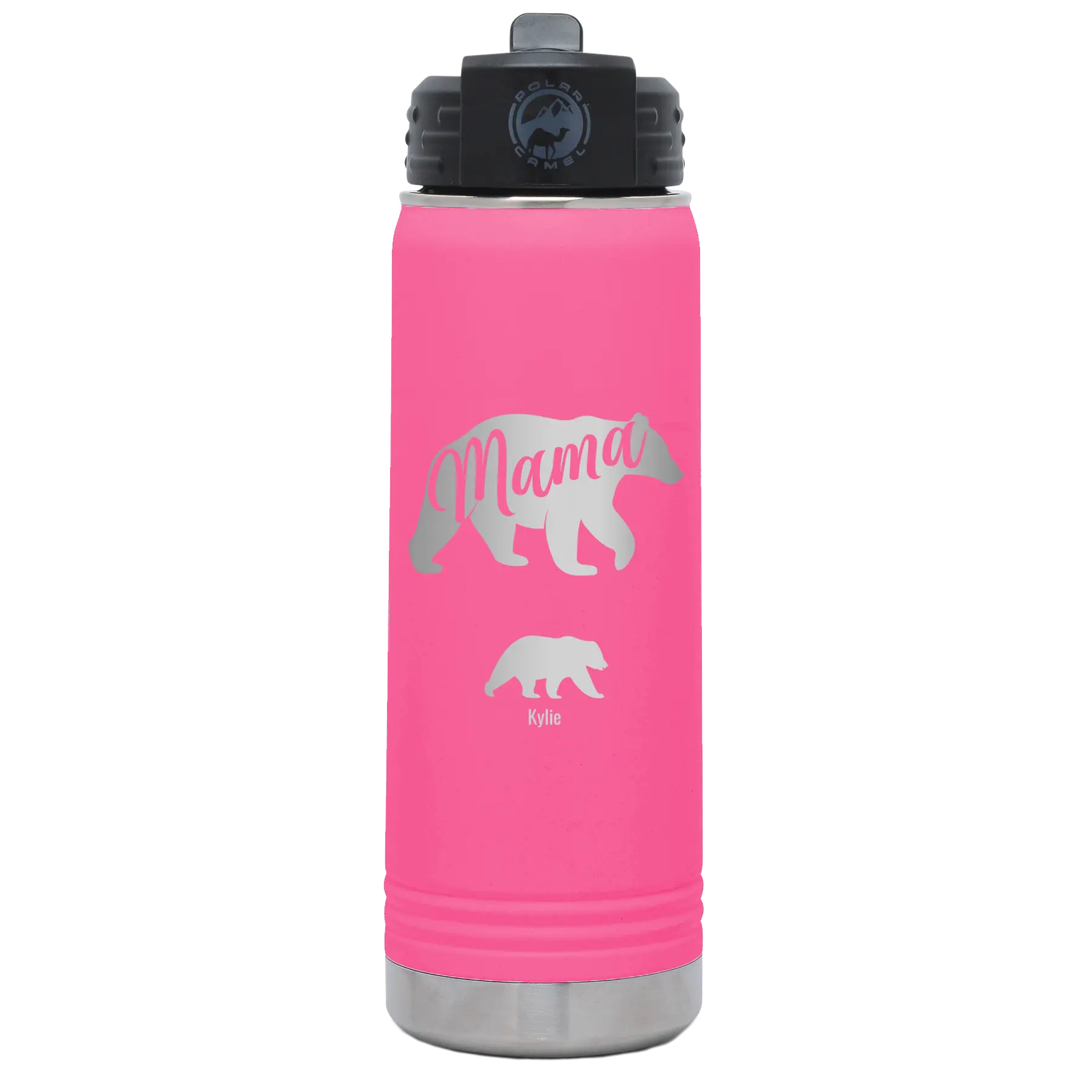 Personalized pink 20 oz vacuum insulated water bottle with 'Mama Bear 1 Baby Bear' design