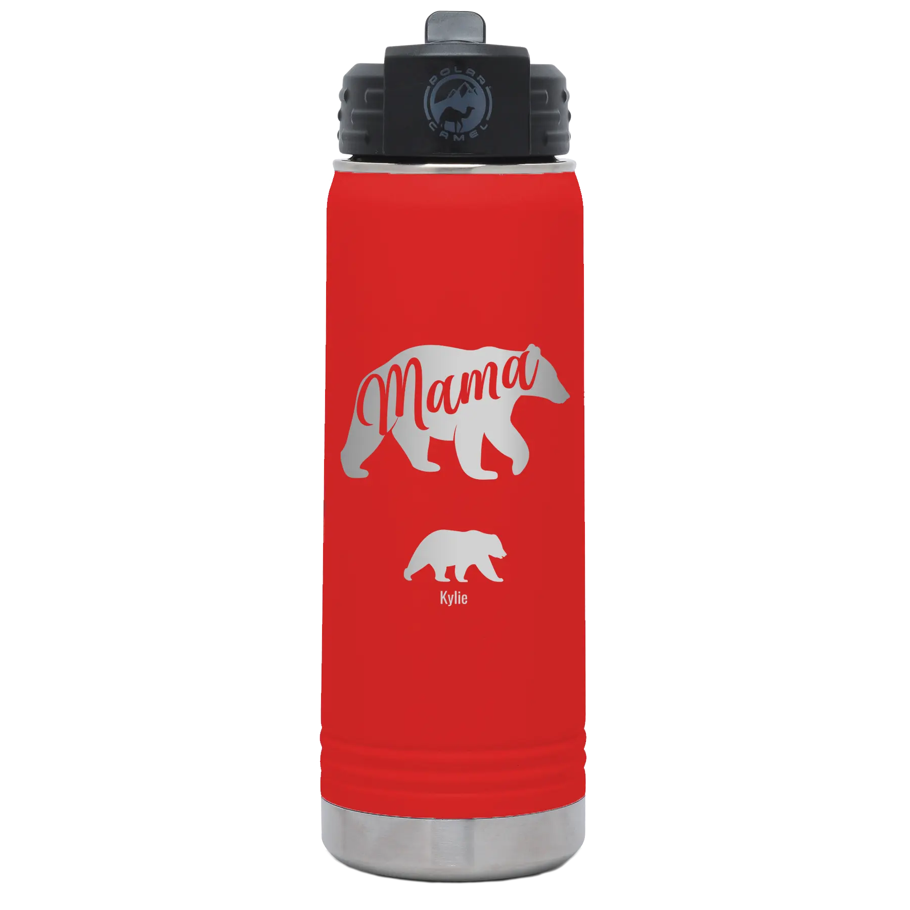 Personalized red 20 oz vacuum insulated water bottle with 'Mama Bear 1 Baby Bear' design