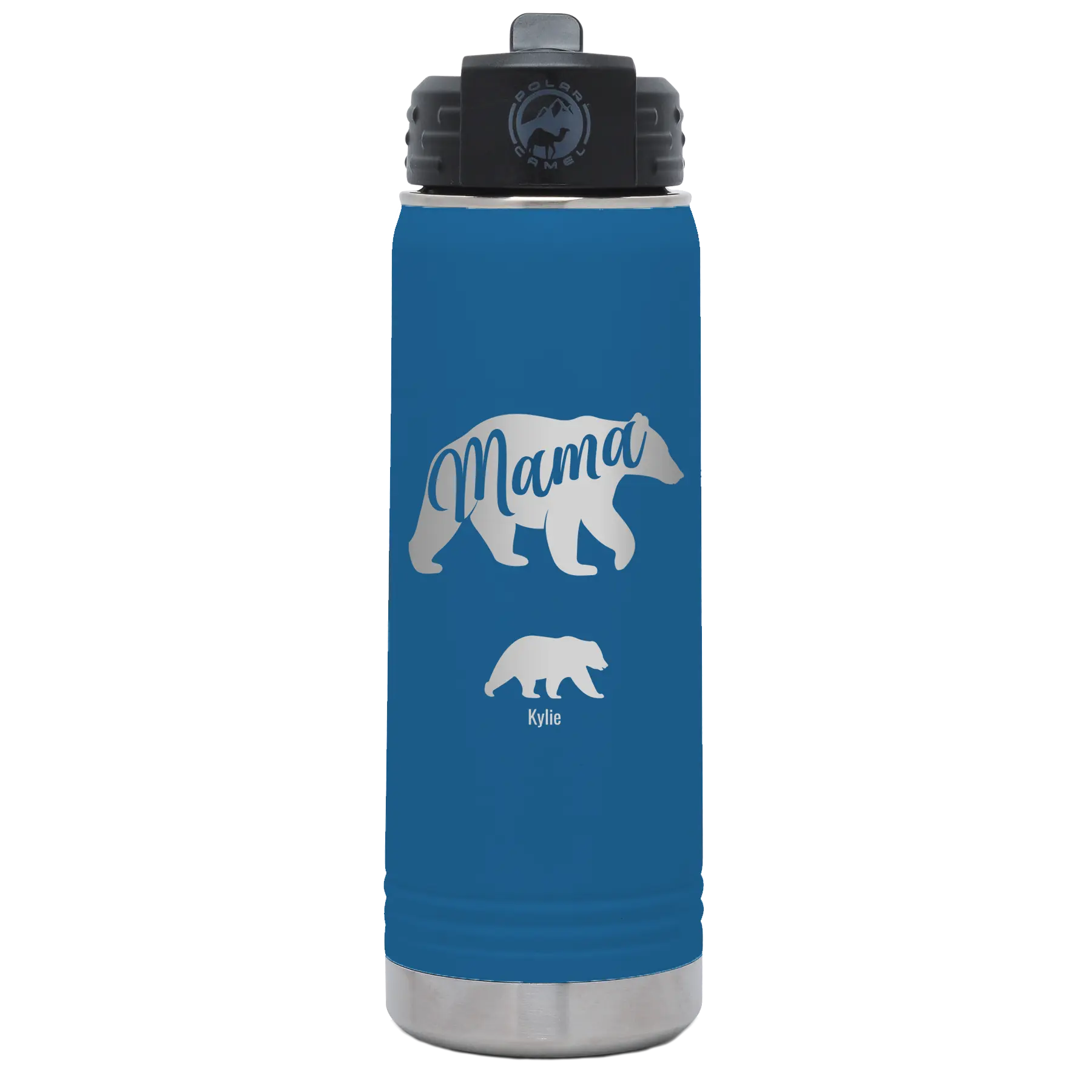 Personalized royal blue 20 oz vacuum insulated water bottle with 'Mama Bear 1 Baby Bear' design