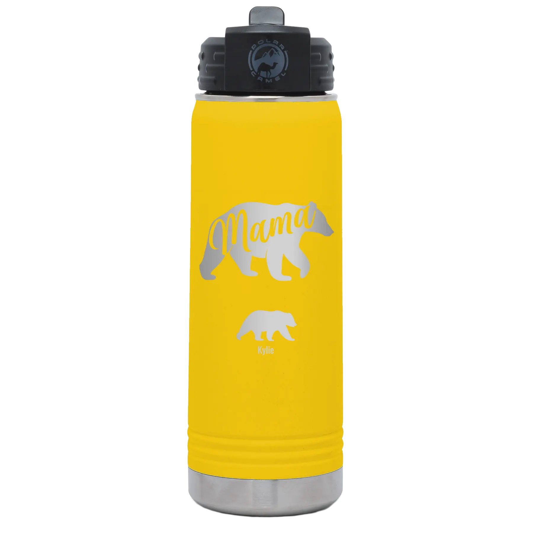 Personalized yellow 20 oz vacuum insulated water bottle with 'Mama Bear 1 Baby Bear' design