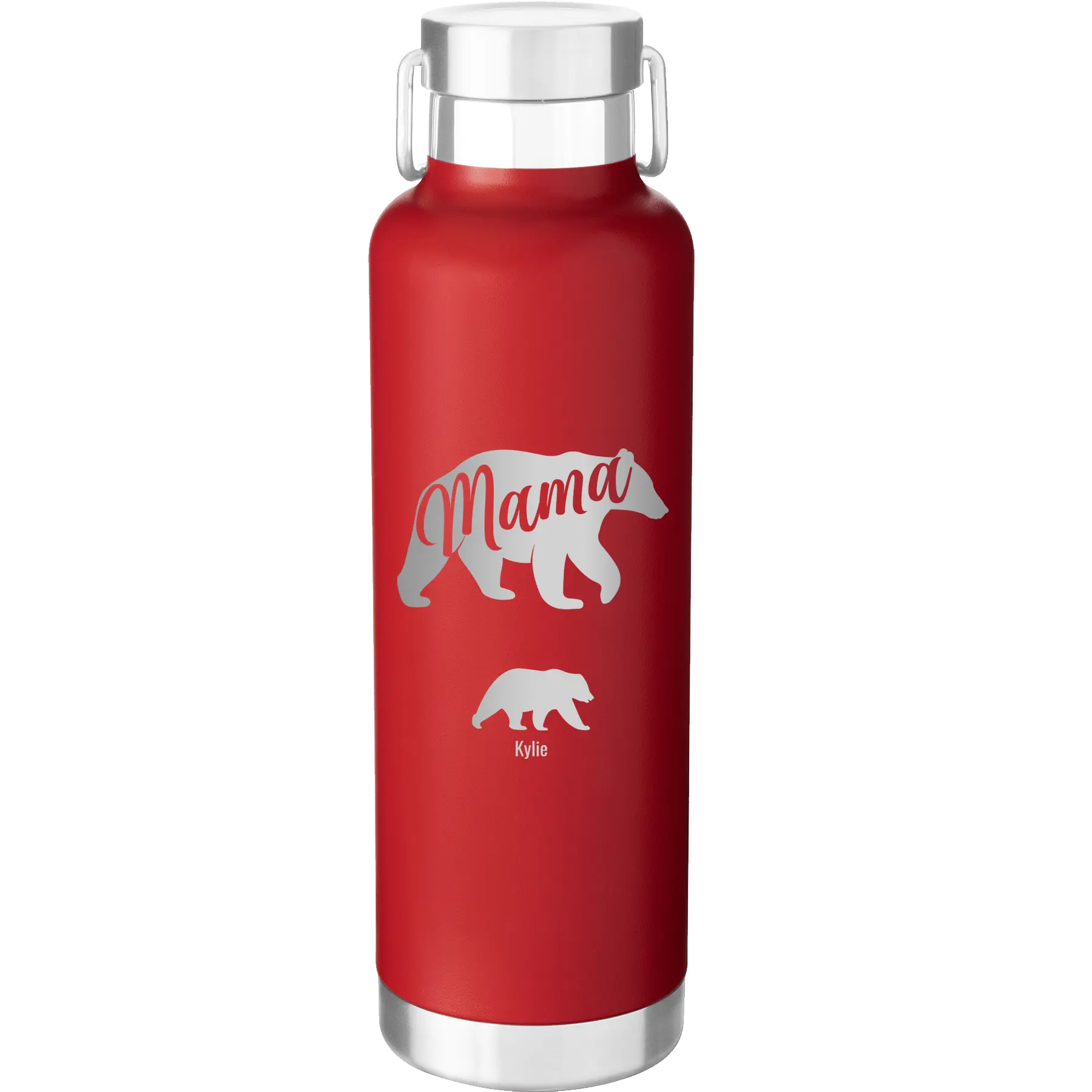 Personalized red 24 oz vacuum insulated water bottle with 'Mama Bear 1 Baby Bear' design