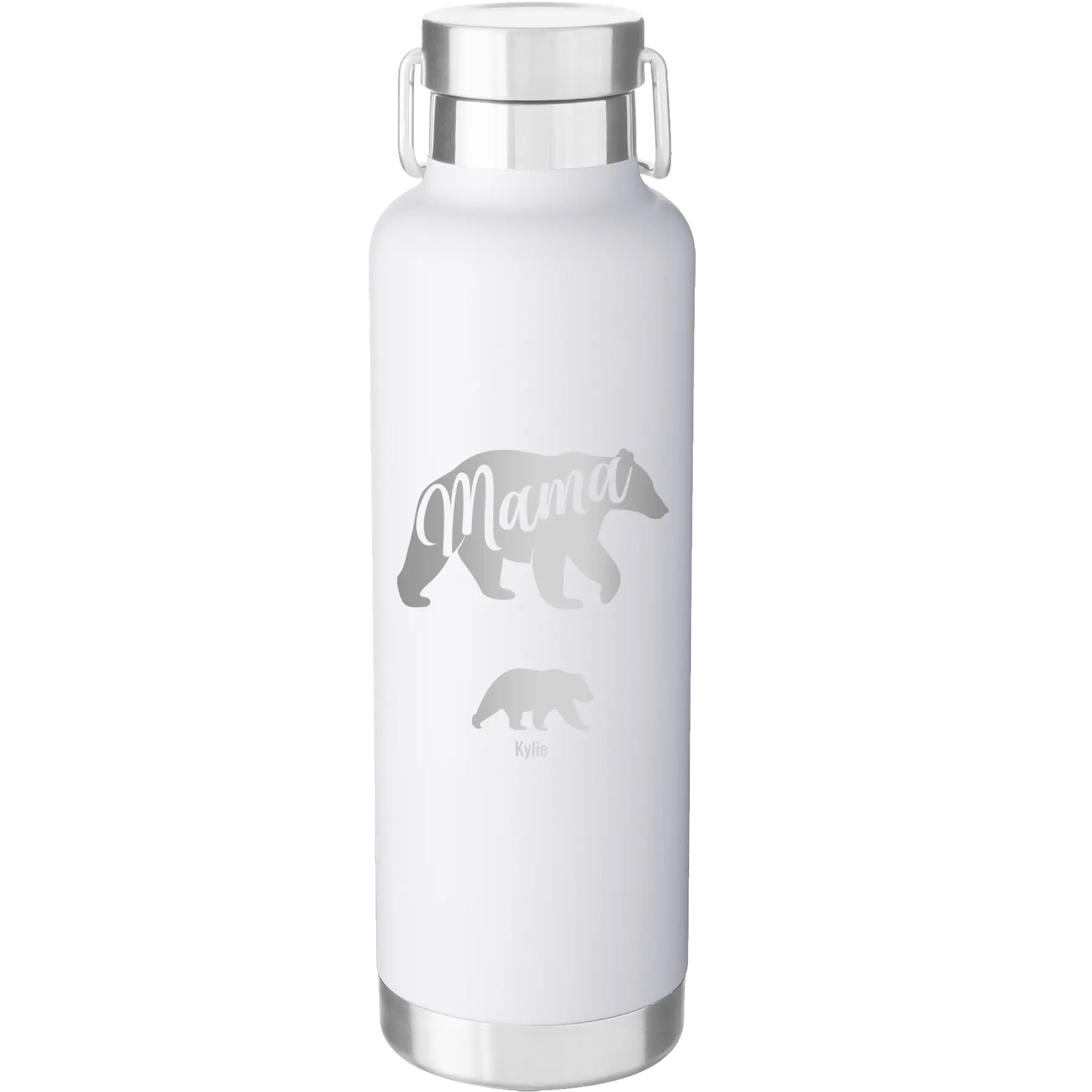 Personalized white 24 oz vacuum insulated water bottle with 'Mama Bear 1 Baby Bear' design