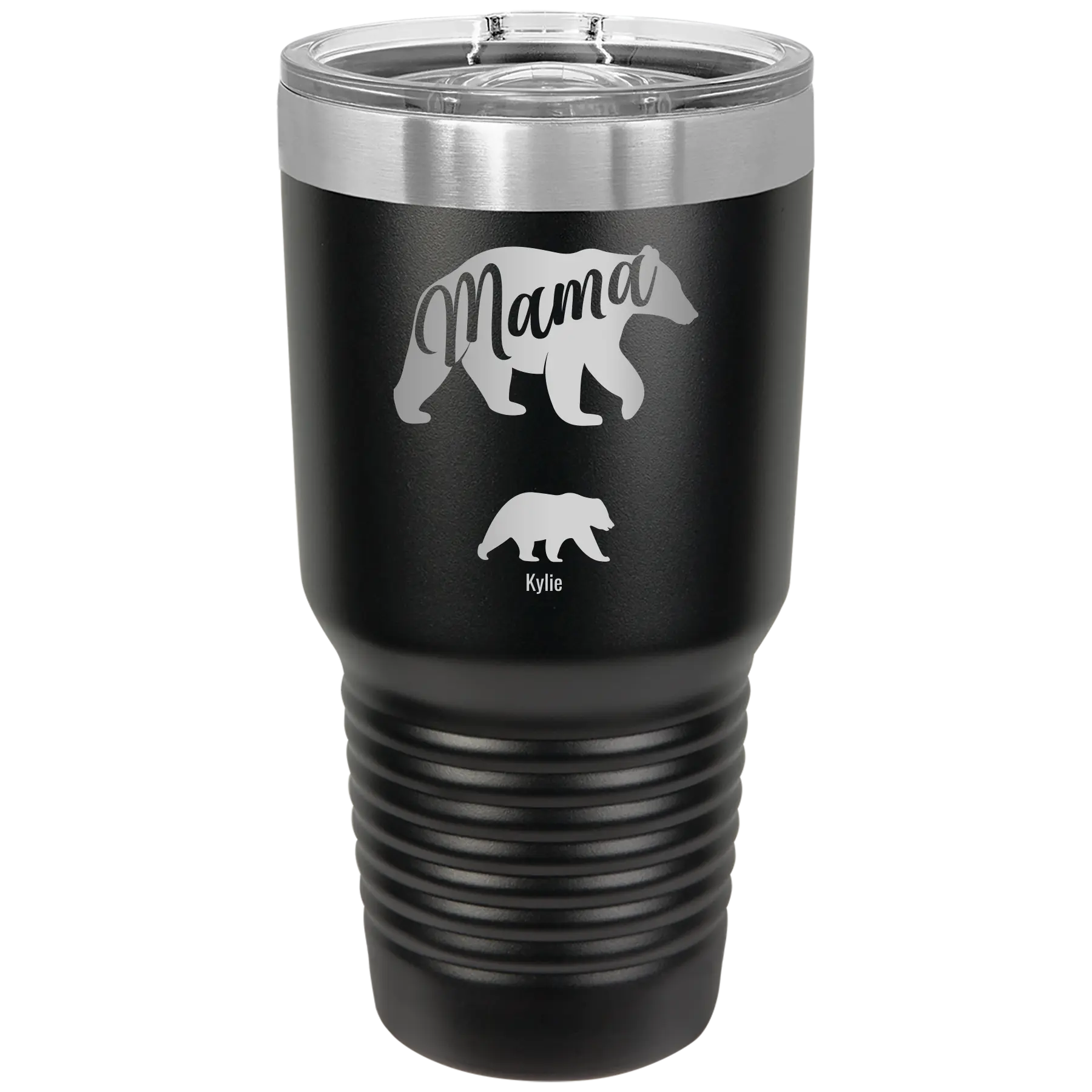 Personalized black 30 oz vacuum insulated tumbler with 'Mama Bear 1 Baby Bear' design