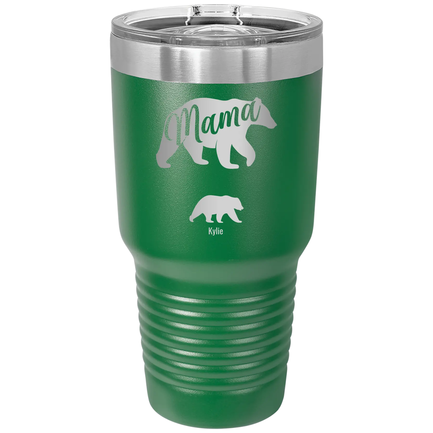 Personalized green 30 oz vacuum insulated tumbler with 'Mama Bear 1 Baby Bear' design