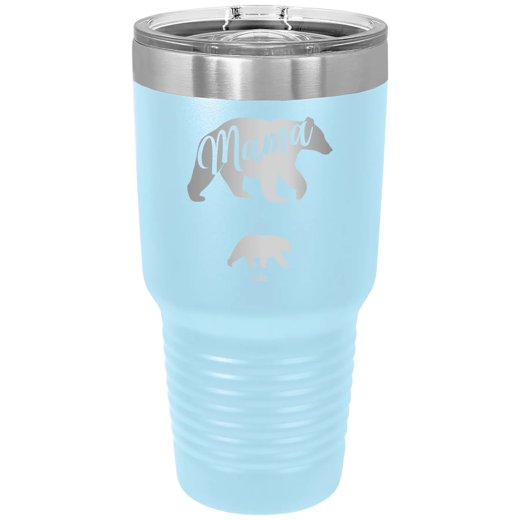 Personalized light blue 30 oz vacuum insulated tumbler with 'Mama Bear 1 Baby Bear' design