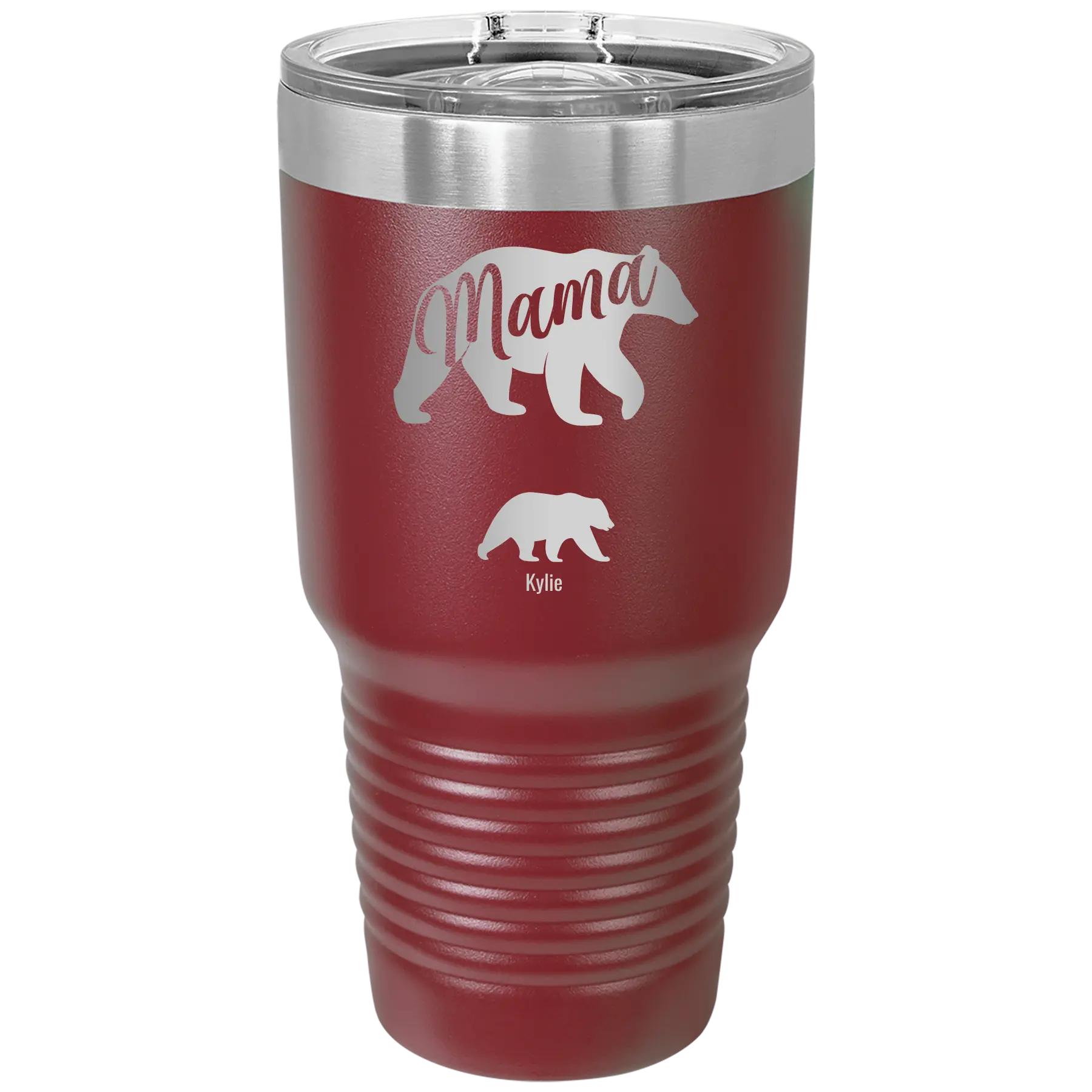 Personalized maroon 30 oz vacuum insulated tumbler with 'Mama Bear 1 Baby Bear' design